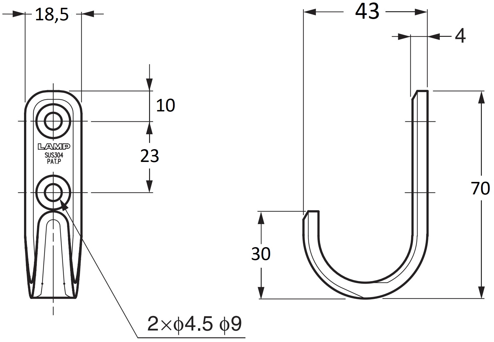 Wysokiej jakości hak ze stali nierdzewnej, wykonany z litej stali nierdzewnej, nośność: 8 kg, powierzchnia: matowa i polerowana, 70 mm (2-3/4"), XL-HJT70TT. Stalowe haczyki ścienne do szafy, łazienki, na zewnątrz i innych rzeczy, autorstwa Sugatsune / LAMP® (Japonia) - obrazek 2