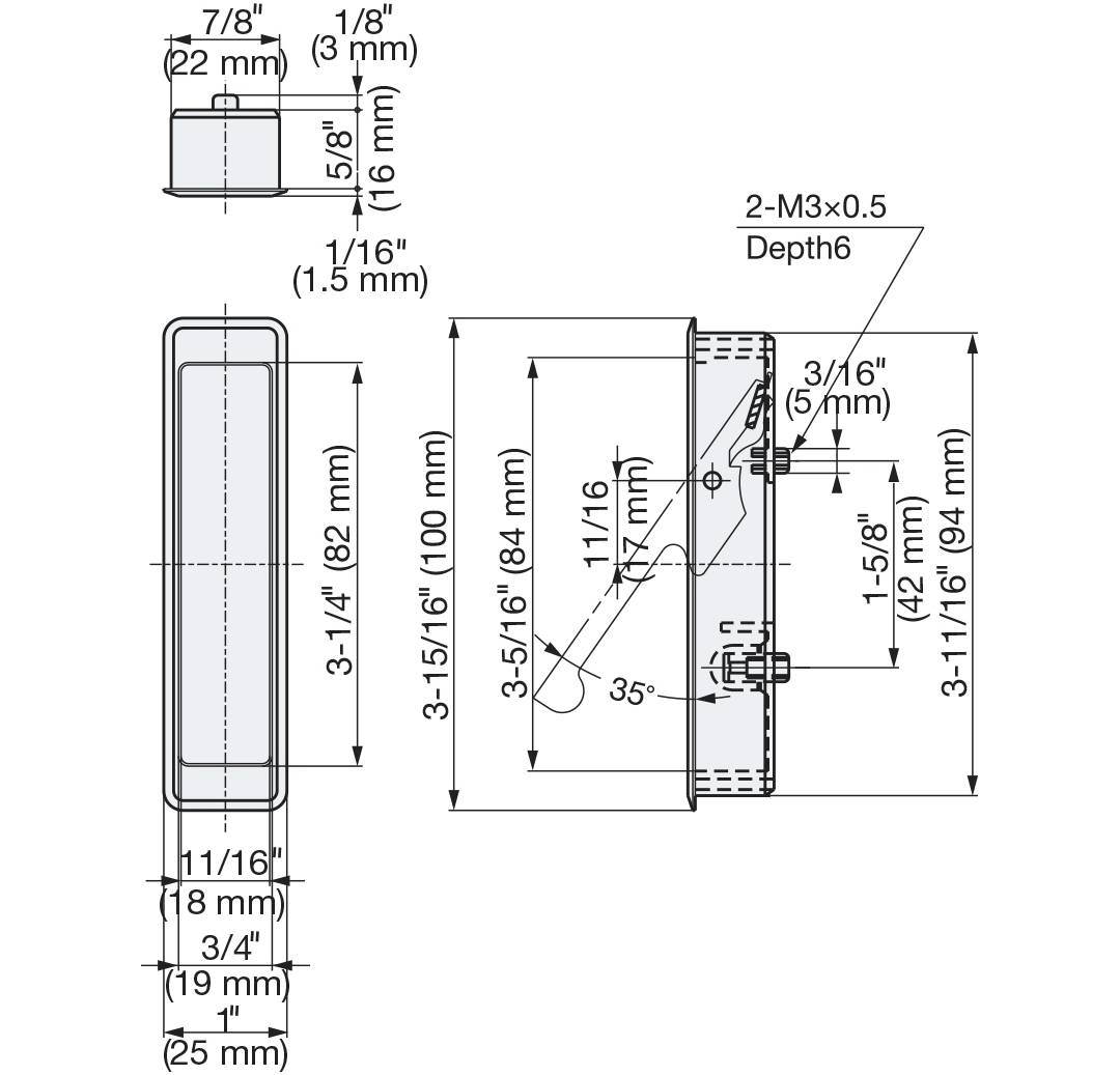 Uchwyt wlotu ze stopu na zawiasie, wykończenie: niklowany, satynowy mat, 100 mm (3-15/16") FH-100AK-00. Uchwyt wlotowy FH-100AK-00 do mebli biurowych, mebli domowych, szafek kuchennych, firmy Sugatsune / LAMP® (Japonia) - obrazek 3
