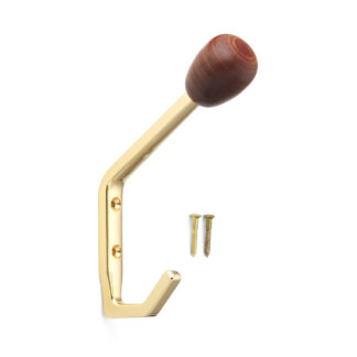 Wysokiej jakości, klasyczny wieszak ścienny z końcówką z litego drewna, 143 mm, firmy Sugatsune, SW-B-140G, złoty, satynowy mat. Zdjęcie produktu