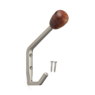 Wysokiej jakości klasyczny haczyk do montażu na ścianie, z końcówką haczyka wykonany z litego drewna, 143 mm, firmy Sugatsune, SW-B-140WB, niklowany, satynowy mat. Zdjęcie produktu