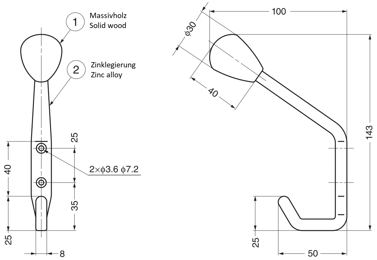 Wysokiej jakości klasyczny wieszak ścienny z litym drewnianym końcówką, nośność: 15kg, 143mm (5-5/8"), SW-B-140WB. Haczyki z litego drewna do szafy, przedpokoju, salonu i wielu innych, Sugatsune / LAMP® (Japonia) - obrazek 2