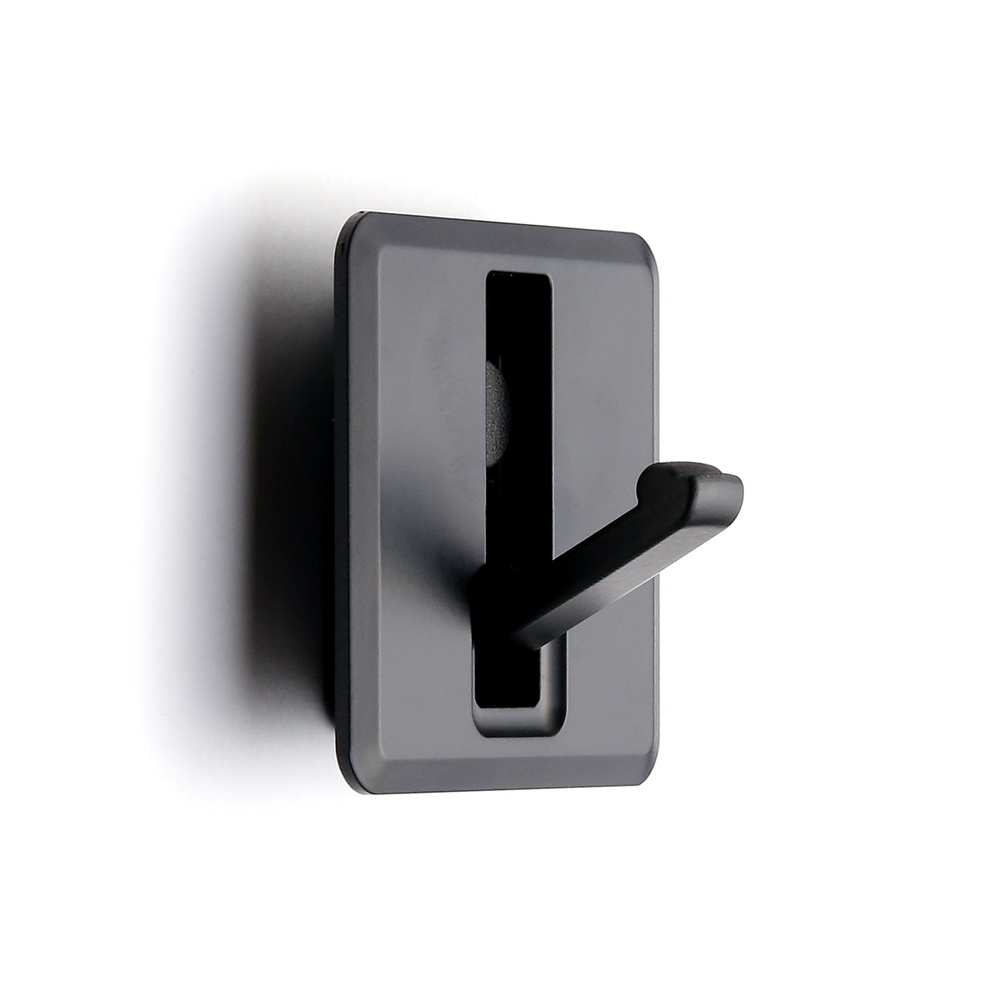 Wysokiej jakości kwadratowy hak składany sprężynowy do wnęki, powierzchnia: czarny, satynowy mat, 52 mm (2.1"), NF-K52-BL. Kwadratowy składany hak z automatycznym zamykaniem, do małego domku, kampera, jachtu i wielu innych, firmy Sugatsune / LAMP® (Japonia)