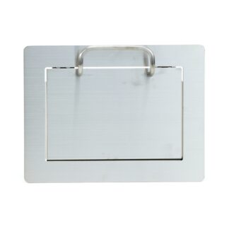 Wysokiej jakości prostokątna klapa odpływowa z uchwytem, do montażu pionowego, wykonana ze stali nierdzewnej, wykończenie: mat satynowy, 234 mm (9.3"), AZ-HD230-HL. Właz odpływowy ze stali nierdzewnej, dla gastronomii i wielu innych, firmy Sugatsune / LAMP® (Japonia)