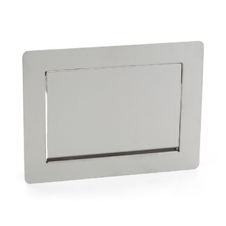 Wysokiej jakości prostokątna klapa odpływowa do montażu pionowego, z cichym domykiem, wykonana ze stali nierdzewnej, wykończenie: mat satynowy, 234 mm (9.3"), AZ-GD230-HL. Śmietnik ze stali nierdzewnej, dla gastronomii i wielu innych, firmy Sugatsune / LAMP® (Japonia)