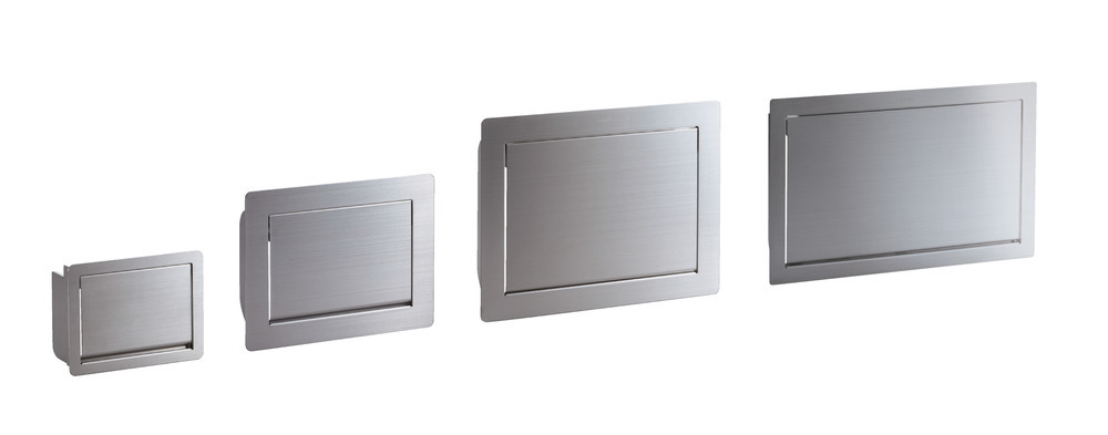 Wysokiej jakości prostokątna klapa odpływowa do montażu pionowego, z cichym domykiem, wykonana ze stali nierdzewnej, wykończenie: mat satynowy, 400 mm (15.8"), AZ-GD400-HL. Właz odpływowy ze stali nierdzewnej, dla gastronomii i wielu innych, firmy Sugatsune / LAMP® (Japonia) - obrazek 2