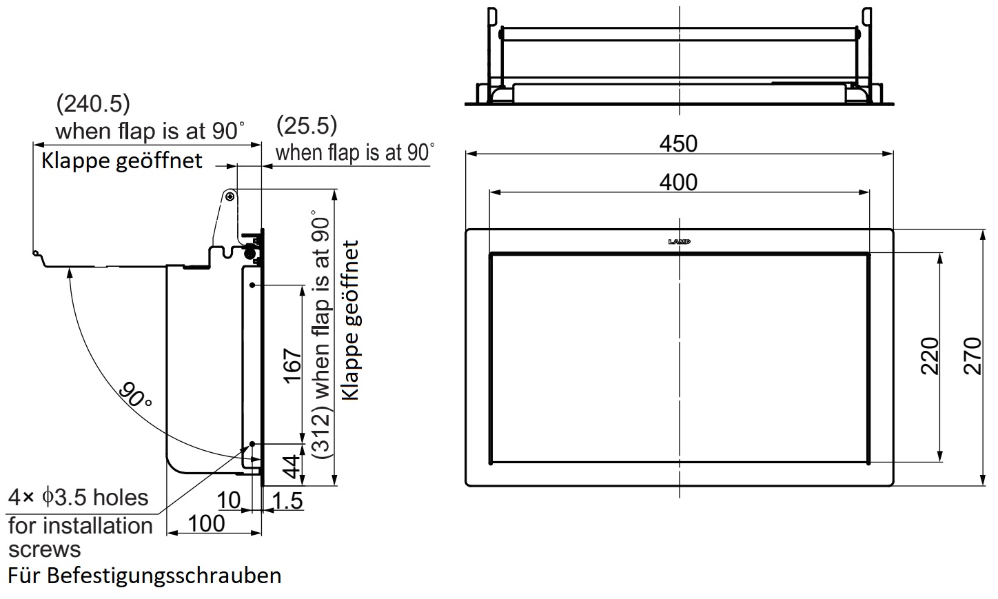 Wysokiej jakości prostokątna klapa odpływowa do montażu pionowego, z cichym domykiem, wykonana ze stali nierdzewnej, wykończenie: mat satynowy, 400 mm (15.8"), AZ-GD400-HL. Właz odpływowy ze stali nierdzewnej, dla gastronomii i wielu innych, firmy Sugatsune / LAMP® (Japonia) - obrazek 8
