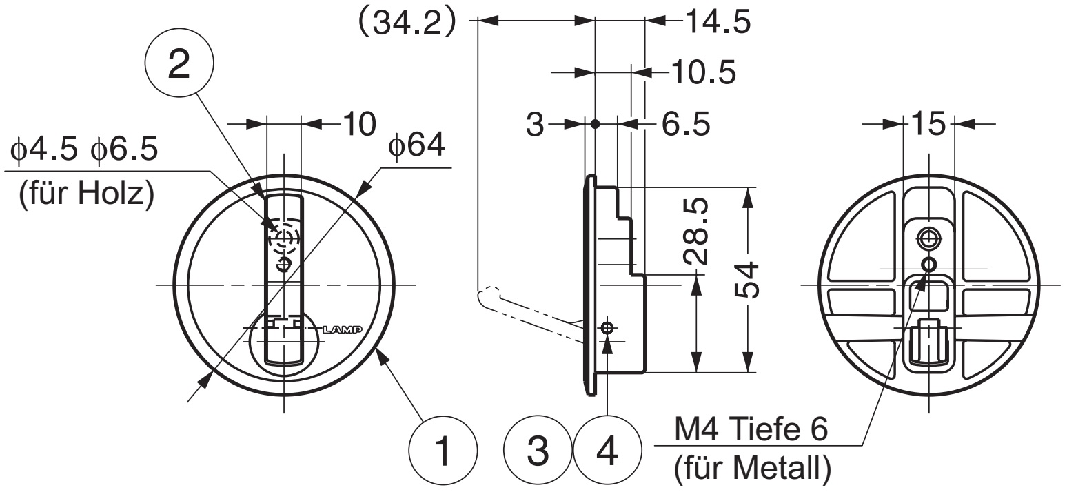 Wysokiej jakości okrągły hak sprężynowy do wgłębienia, powierzchnia: ciemny chrom, 64 mm (2.6"), NF-R64-SCR. Okrągły składany hak z automatycznym zamykaniem, do małego domku, kampera, przyczepy kempingowej, jachtu, pociągu, samolotu, autobusu i wielu innych, firmy Sugatsune / LAMP® (Japonia) - obrazek 3