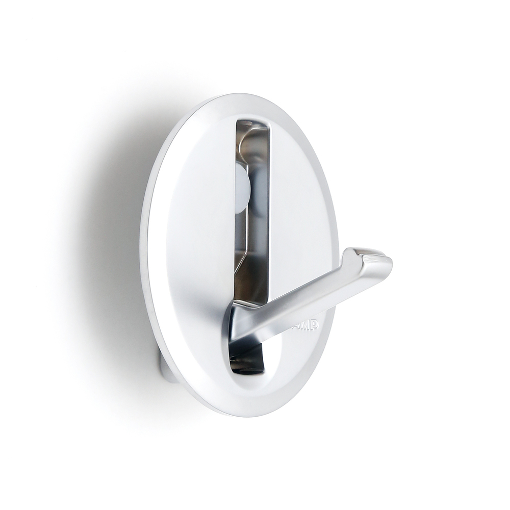 Wysokiej jakości okrągły hak sprężynowy do wgłębienia, powierzchnia: ciemny chrom, 64 mm (2.6"), NF-R64-SCR. Okrągły składany hak z automatycznym zamykaniem, do małego domku, kampera, przyczepy kempingowej, jachtu, pociągu, samolotu, autobusu i wielu innych, firmy Sugatsune / LAMP® (Japonia)