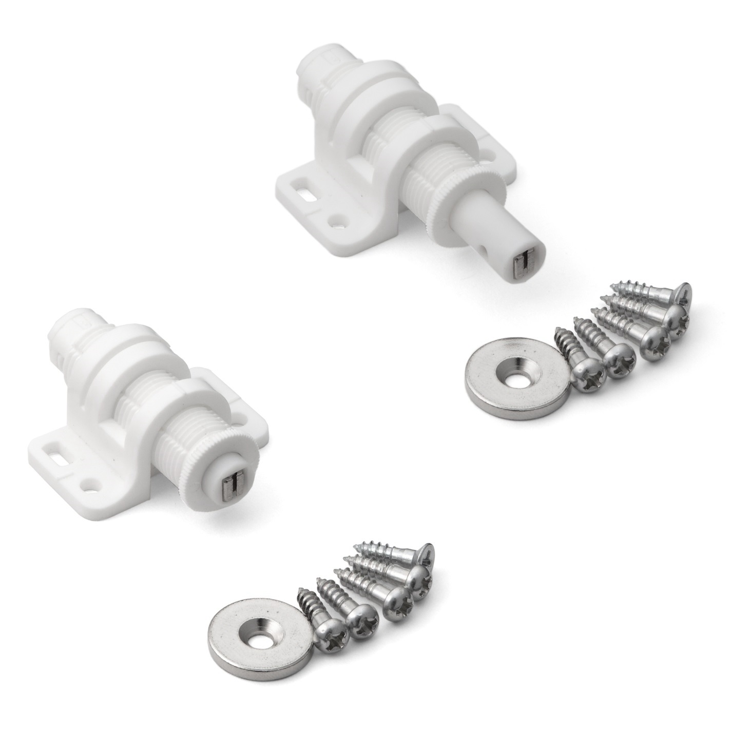 2 sztuki Okrągły magnetyczny łapacz zatrzasków z możliwością regulacji, z płytą oporową MC-25WT firmy Sugatsune, biały. Obraz produktu