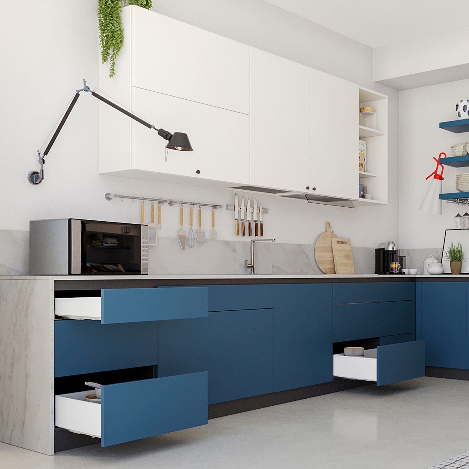 Zestaw szuflad, z bardzo cienkimi ramkami, wysokość: 88 mm (3-15/32"), powierzchnia: biała, 290 mm (11-27/64"), wersja: częściowe przedłużenie z mechanizmem otwierania na wciskanie, 3275012 zestaw szuflad na meble kuchenne i wiele więcej, firmy EMUCA - obrazek 8