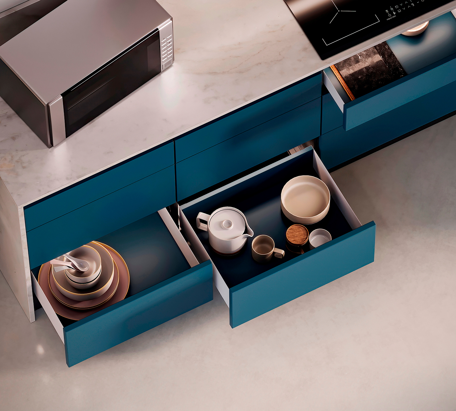 Zestaw szuflad, z bardzo cienkimi ramkami, wysokość: 88 mm (3-15/32"), powierzchnia: biała, 290 mm (11-27/64"), wersja: częściowe przedłużenie z mechanizmem otwierania na wciskanie, 3275012 zestaw szuflad na meble kuchenne i wiele więcej, firmy EMUCA - obrazek 9