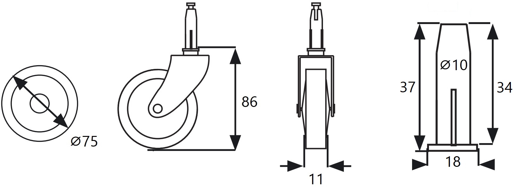 4 części klasycznego rolka do herbaty, ładowność: 60 kg (133 lbs), powierzchnia: niklowana, ⌀75 mm (2-61/64"), 08.01.110-1. Wysokiej jakości rolka do wózków do herbaty, wózków serwujących, bocznych i wielu innych, od SISO Denmark - obrazek 3