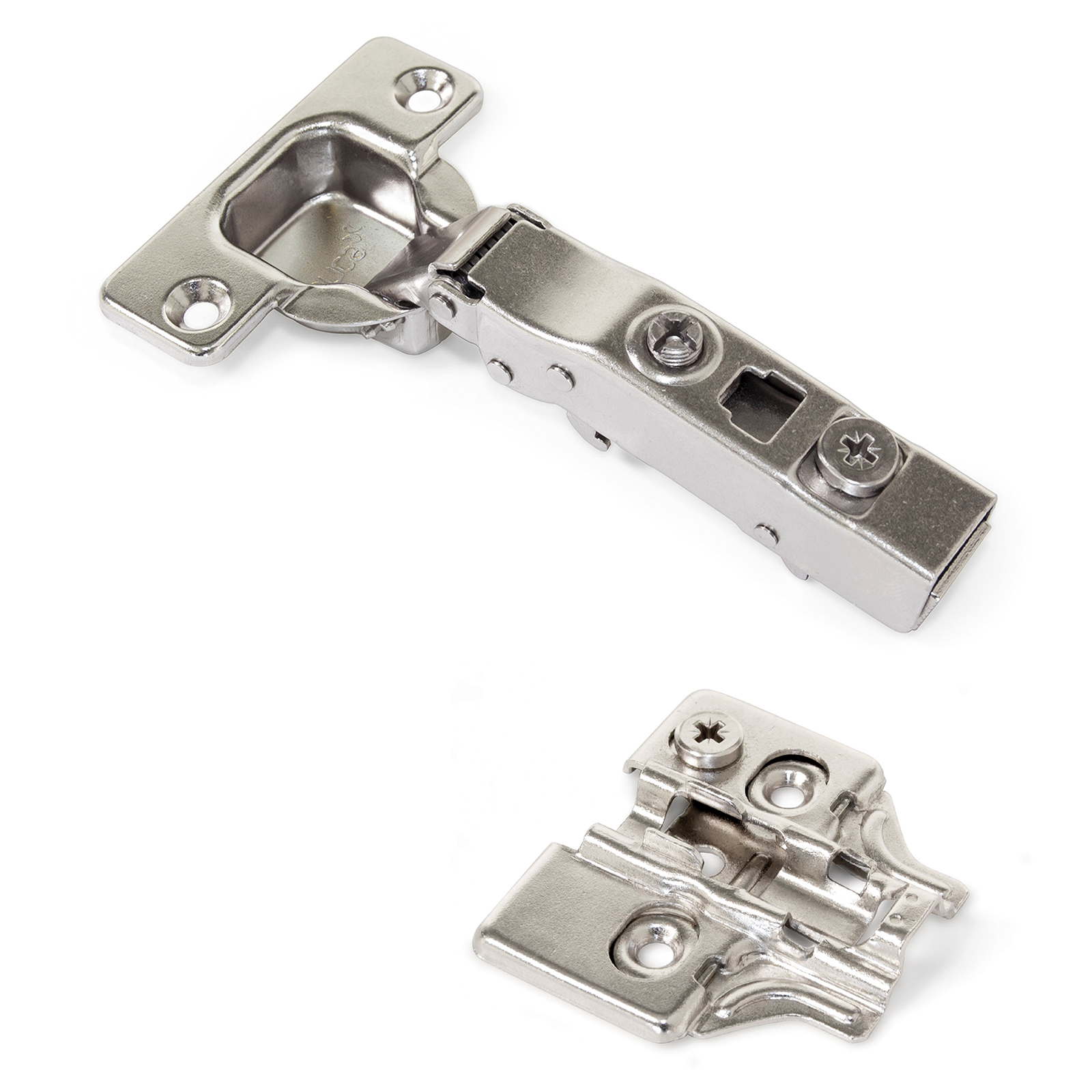 Zawias kubkowy, cichy domyk, montaż na zatrzask, regulowany 3D, z płytą montażową, powierzchnia: niklowana, wersja: natynkowa, 1040007. zawias garnkowy do mebli, szafek i wielu innych, firmy EMUCA