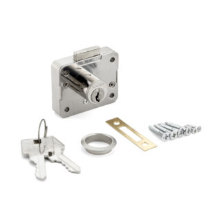 Zamek szafki o grubości frontu 16 mm, klucz z innym kodem 2650-16-DN-B. Zamek do drzwi i szuflad szafek, autorstwa Sugatsune / LAMP (Japonia)